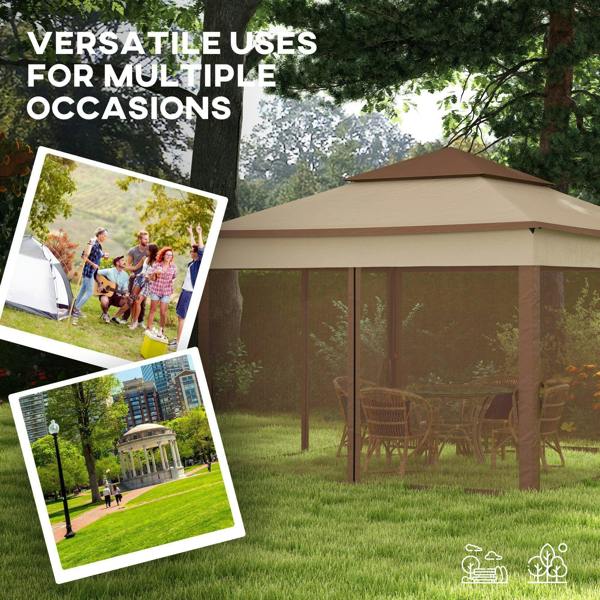 Khaki double-roof pop-up gazebo with mesh side curtains and open front panels