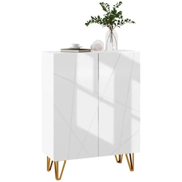 White glossy narrow shoe cabinet with two front doors