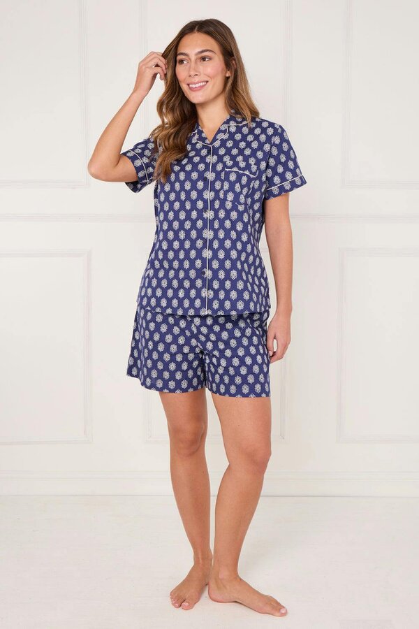 Elaina Fashion Women’s 100% Cotton Button-Up PJ Shorts Set with Pockets - Blue