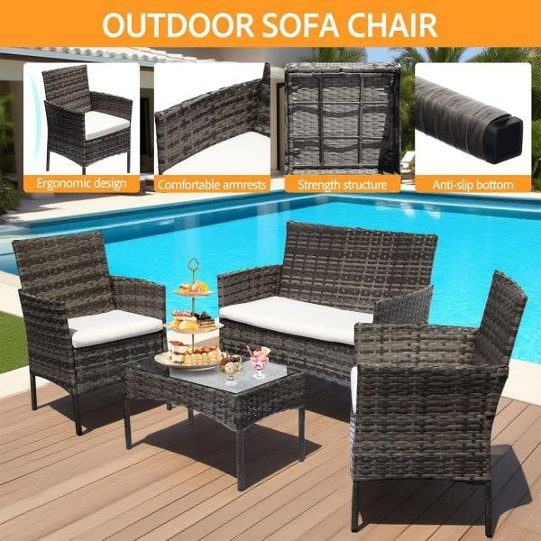 Leaper Grey 4 Seater Rattan Dining Set with Soft Cushions