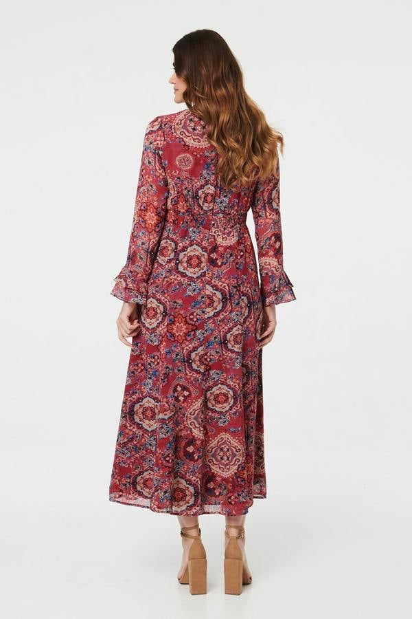 Red | Printed Ruched Long Sleeve Maxi Dress