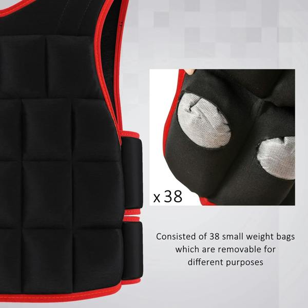 Black weighted vest with red trim, close-up of inner weight-bag pockets