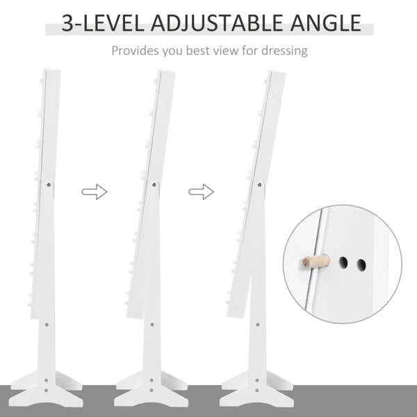White LED mirrored jewelry cabinet with three-level adjustable viewing angle shown