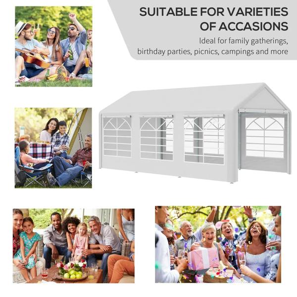 White pop-up gazebo shelter with clear window panels and front door opening