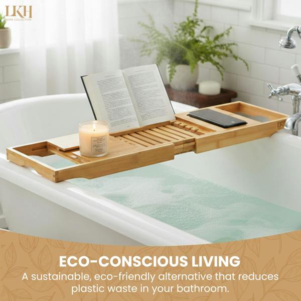 LKH HOME COLLECTION LKH Expandable Bamboo Bath Tray Caddy - Bathtub Rack with Wine Glass Holder, Mobile, Tablet & Book Stand - Retractable & Foldable