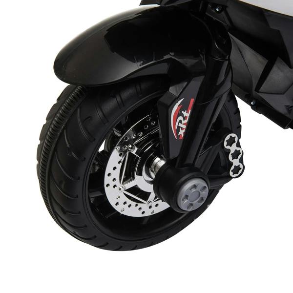 Kids electric ride-on motorcycle front wheel and fork, black fender with red decal