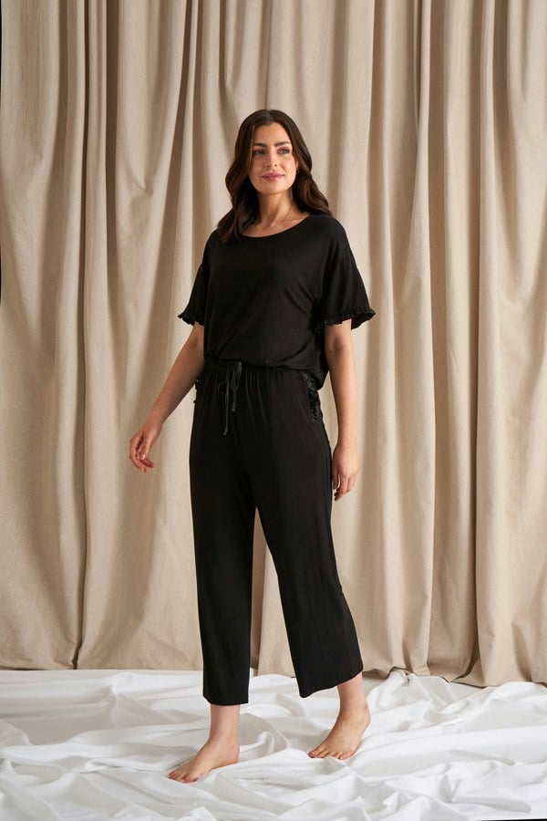 Pretty You London Women's Bamboo Frill Tee Trouser Set in Black