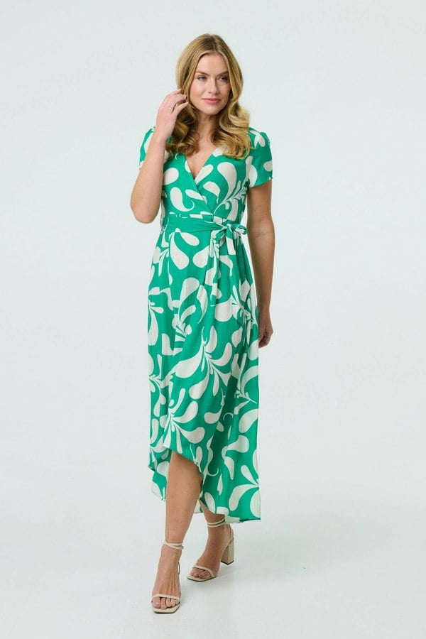 Green | Printed Tie Waist Split Hem Midi Dress
