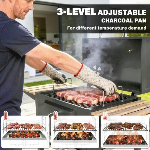 Bobobiy Charcoal BBQ Grill with Height Adjustable Charcoal Pan, Barbecue Smoker with Warming Rack, 3 Shelves, Bottle Opener Cooking Garden Party