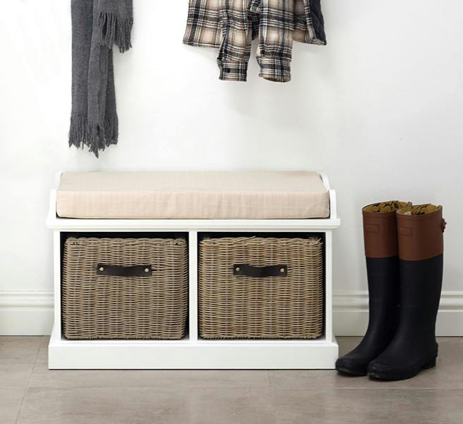 Tetbury Bench with 2 Brown Storage Baskets and Cushion Seat