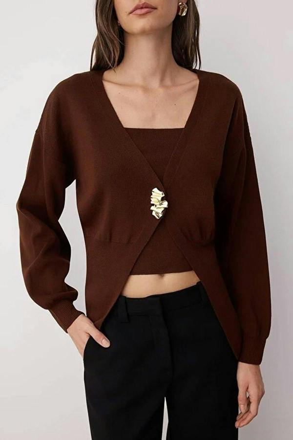 WOVCOR 2-Piece Knit Cardigan-Blouse Set with Button Detail