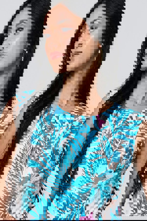 Blue | Tropical Print Sleeveless Knee Length Dress