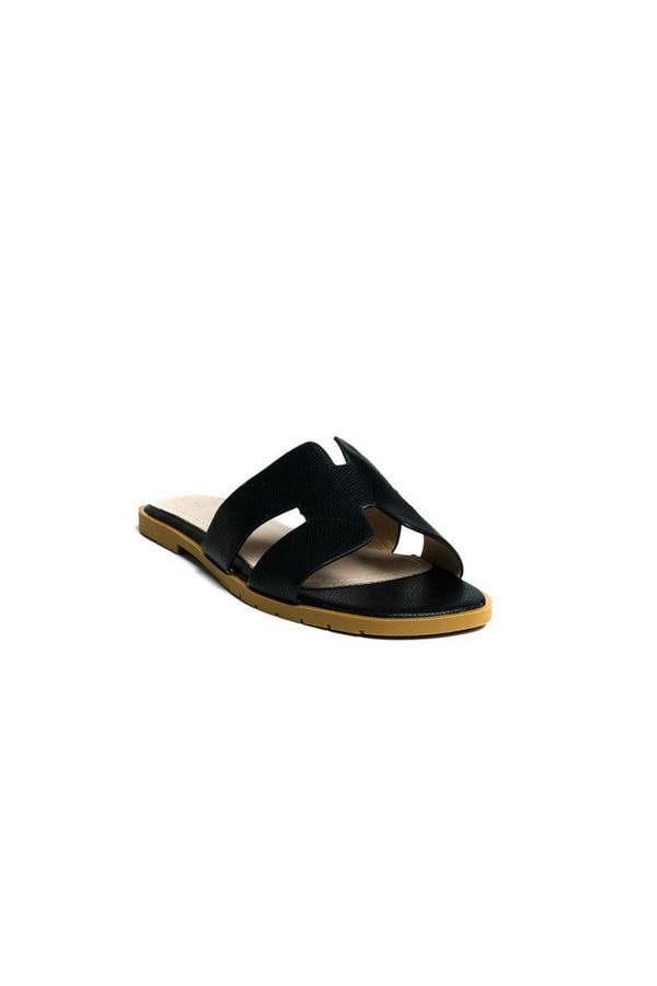 Nora Faux Leather Slip On Sandals - BLACK