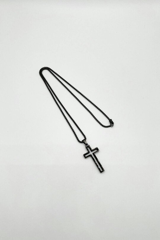 SVNX Hollow Cross Pendant Necklace in Black