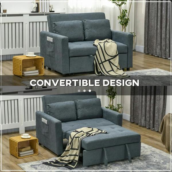 Convertible charcoal grey loveseat sofa bed with tufted backrest and extended bed section