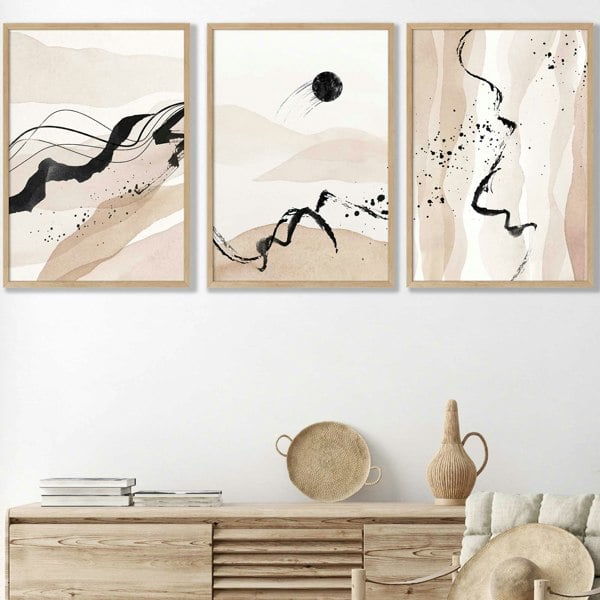 Artze Wall Art Set of 3 Abstract Beige and Black Landscape Wall Art Prints / Framed