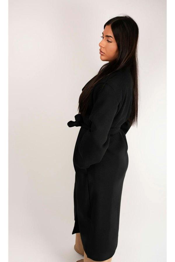 Marelle Belted Longline Coat With Button Detail - Black