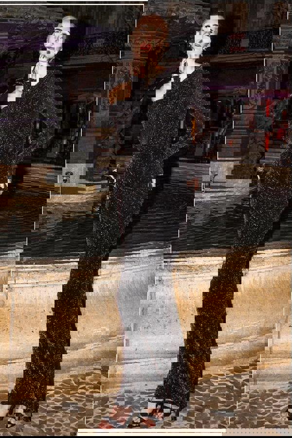 Off The Shoulder Gathered Panel Sparkle Lurex Maxi Dress - Black Gold DR4675