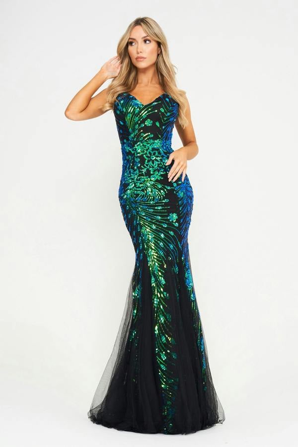 LuvForever Seren - Green Mesh Sequin Maxi Dress