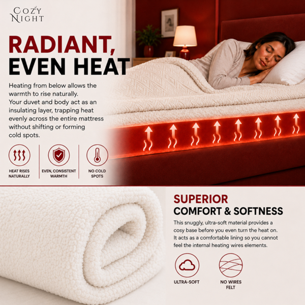 Cozy Night Superking Size Electric Blanket Heated with 3 Heat Settings - Quick Fit Underblanket - Fleece Material Machine Washable