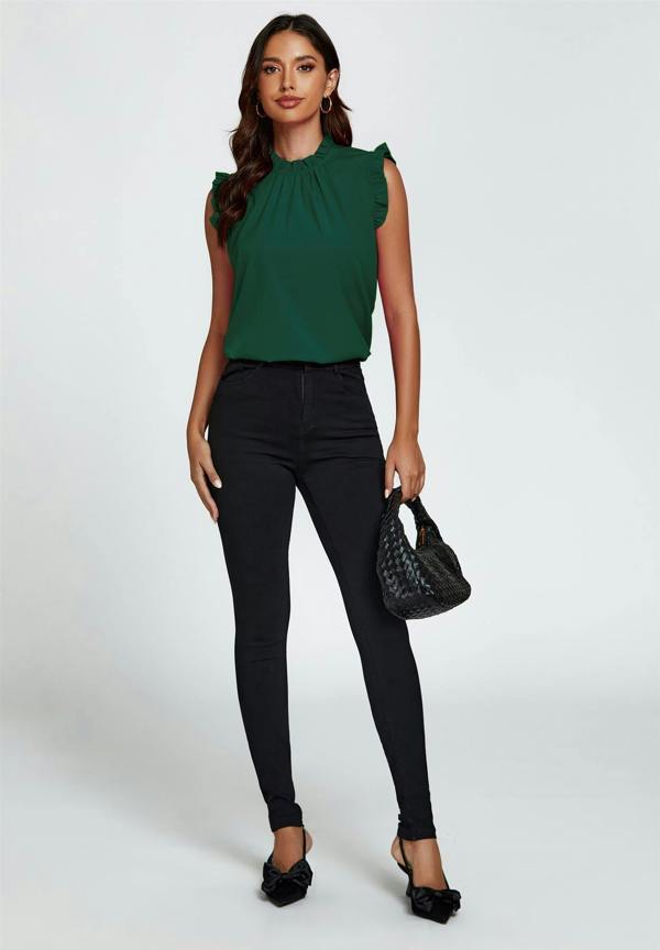 FS Collection Frill Trim Sleeve Frill Neck Blouse Top In Dark Green