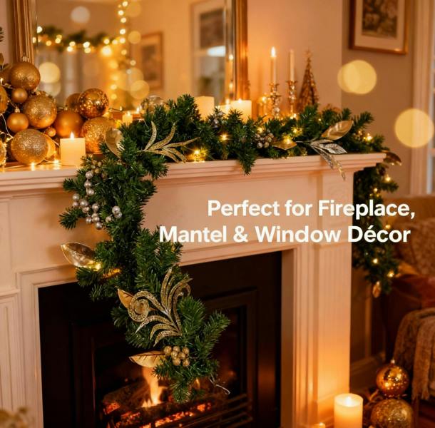 2m Champagne and Silver Christmas Garland for Elegant Home and Seasonal Decorating image 9