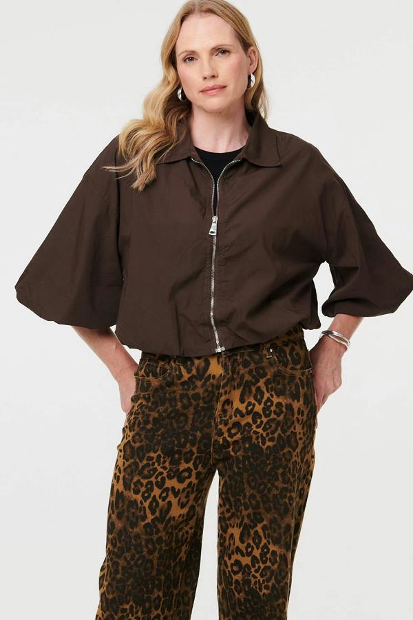 Brown | Zip Front 3/4 Sleeve Cropped Jacket