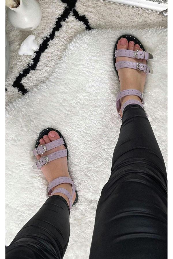 Maren Studded Double Buckle Sliders - Lilac