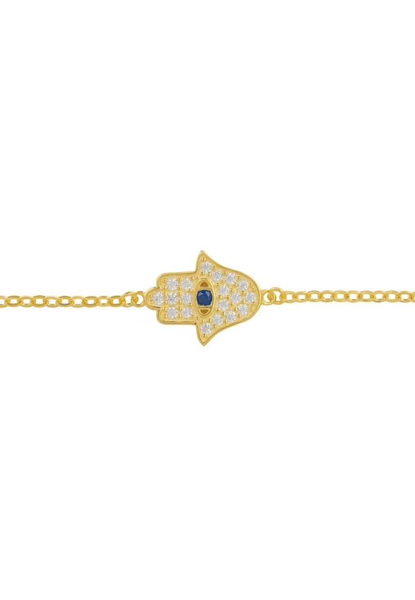 Gold bracelet with a hamsa hand design on a white background