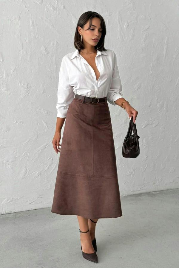 WOVCOR A-Line Midi Knit Suede Skirt