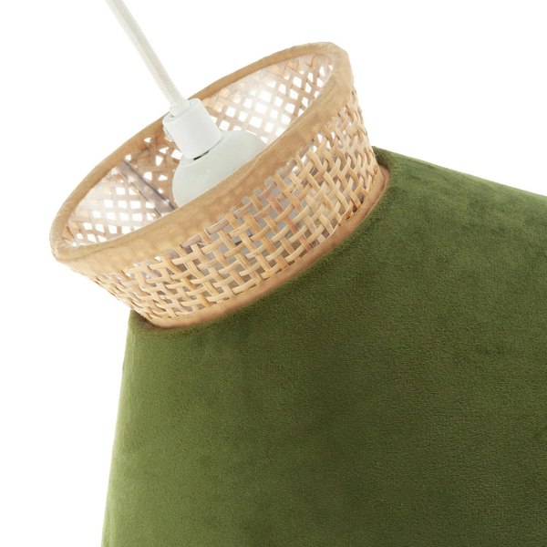 Designer Dark Olive Velvet and Natural Rattan Pendant Lighting Shade Image 5