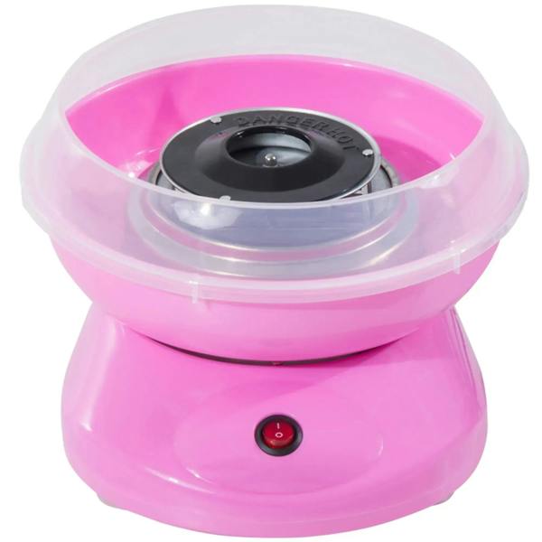 Pink electric cotton candy machine close-up with clear lid and black control button