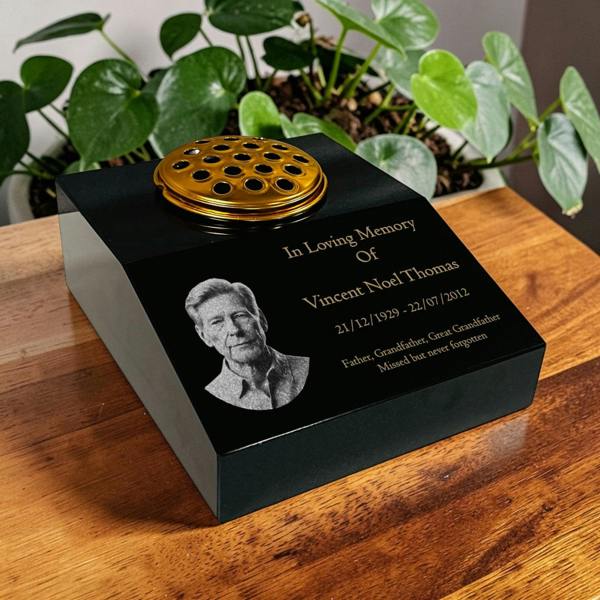 Memorials Direct Black Granite Sloping Memorial Desk with Vase Engraved Photo Free Gold Engraving