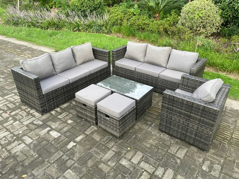 Fimous Wicker PE Rattan Sofa Set Outdoor Patio Garden Furniture with Armchair Oblong Coffee Table 2 Small Footstools Dark Grey Mixed