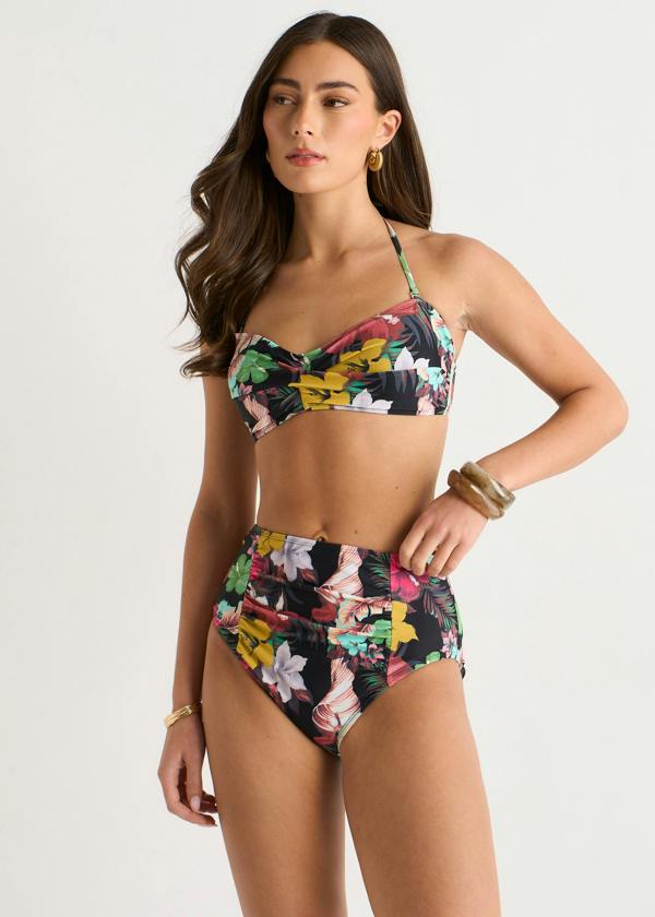 Gini London Multi Tropical Floral Ruched Panel Bikini Bottom