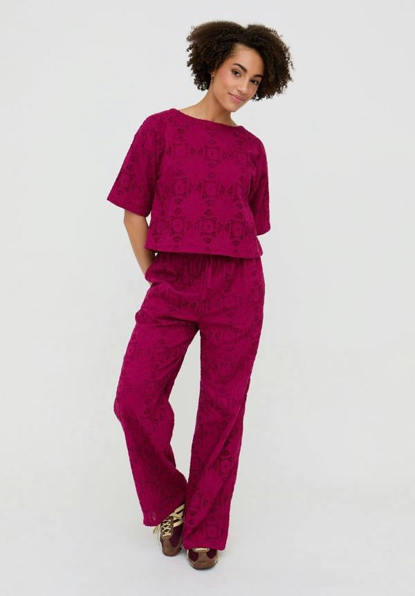 Raffya Opal Broderie Anglaise Wide Leg Trouser In Pink