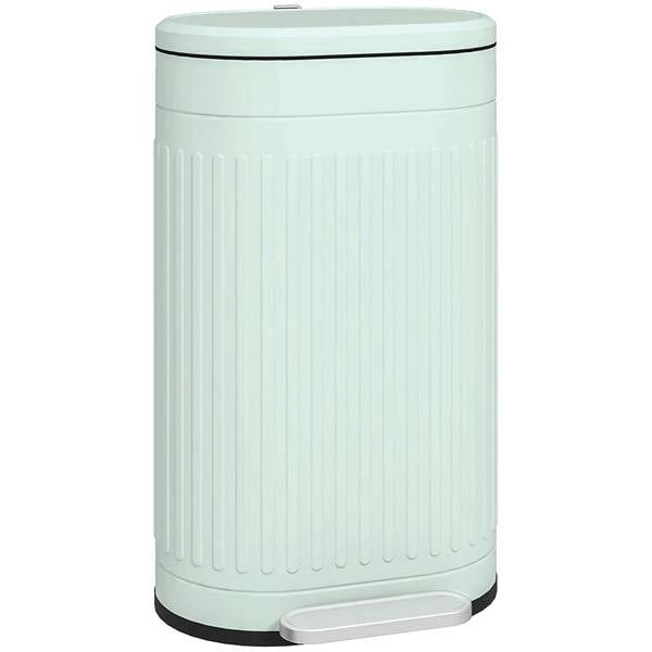 Light green metal kitchen bin with soft-close lid and foot pedal