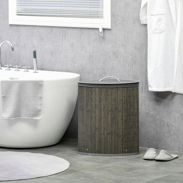 HOMCOM 55L Bamboo Corner Laundry Hamper Bamboo Laundry Basket - Grey