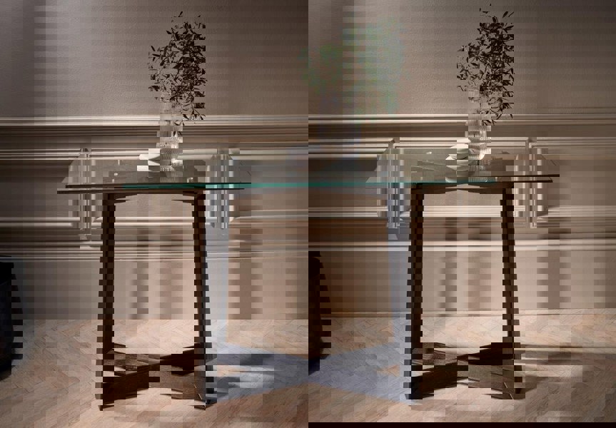 Cadiz Large Console Table with Clear Glass Top & Natural Black Oak Base by Gillmore British Design © GillmoreSPACE Limited