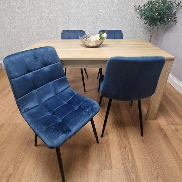 Kosy Koala Oak Effect Wood Dining Set Table with 4 Blue Velvet Chairs Kitchen Furniture