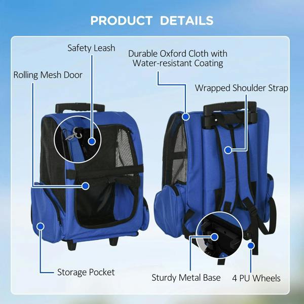Blue pet carrier backpack with mesh doors, storage pocket, and four wheels