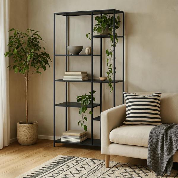 Wyld Haus Graz Matt Black Metal Asymmetrical Bookcase 6 Shelves