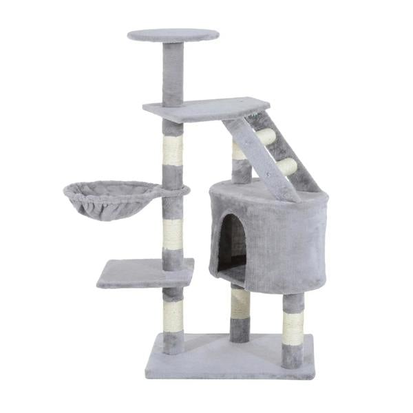 Grey cat tree with enclosed cubby, plush platforms, and vertical scratching posts