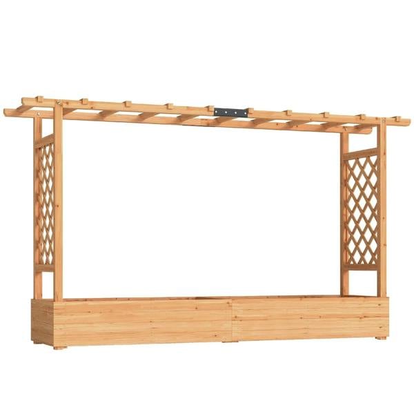 Natural wood raised planter bed with trellis panels and open top frame