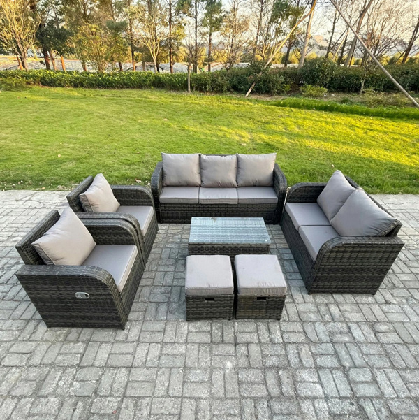 Fimous 9 Seater Rattan Garden Furniture Set with Coffee Table, 3 Seater Sofa, Love Sofa, 2 Small Footstools & 2 Reclining Chairs - Dark Grey