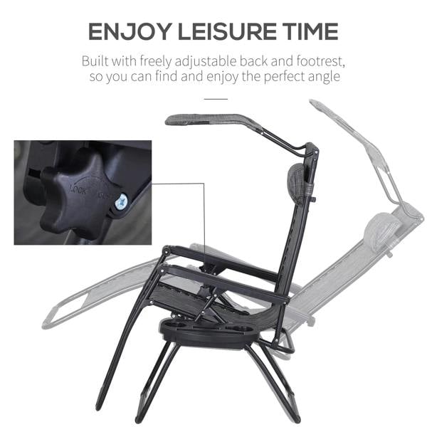 Grey zero-gravity reclining chair with adjustable back and footrest, plus canopy shade