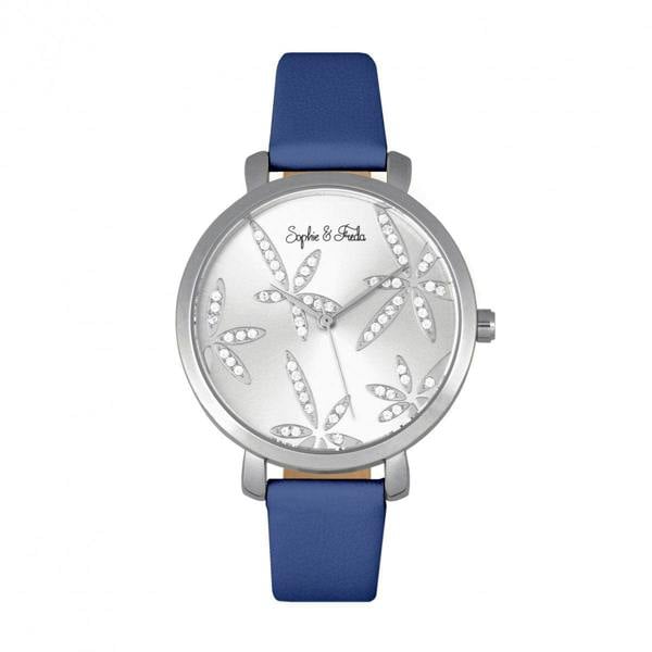 Sophie & Freda Key West Leather-Band Watch w/Swarovski Crystals - Silver/Blue - SAFSF4301