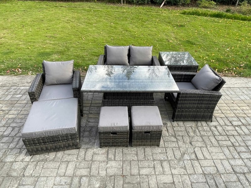 Fimous High Back Rattan Garden Furniture Sofa Sets with Height Adjustable Rising Lifting Table Side Table 3 Footstools Dark Grey Mixed