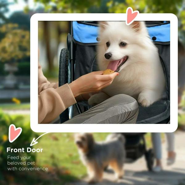 Small dog sitting inside a blue-mesh pet stroller with front door open
