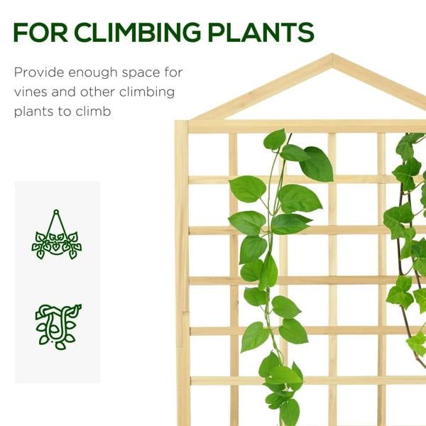 Natural wood trellis planter with climbing vines growing up the lattice frame